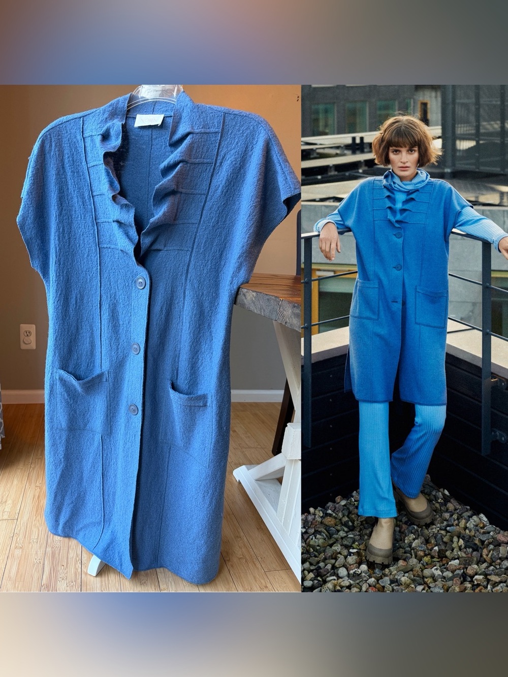 Noen Juni Longline Waistcoat Denim Blue Wool Blend